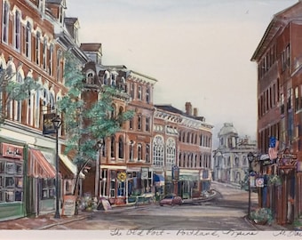Portland Maine, the Old Port, framable matted print of historic cobblestone street, 11”x14”gift-sized art by Marilyn Davis.