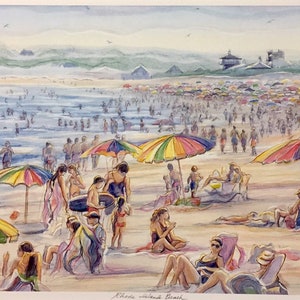 Misquamicut Rhode Island beach, summer scene  with colorful umbrellas and swimmers, 11”x14”matted hand-colored print by Gerald Hardy