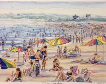 Misquamicut Rhode Island beach, summer scene  with colorful umbrellas and swimmers, 11”x14”matted hand-colored print by Gerald Hardy