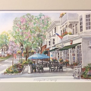 Ridgefield in Spring, Wall art of Connecticut town with charming outdoor cafe on Main Street,framable 11x14print. image 2