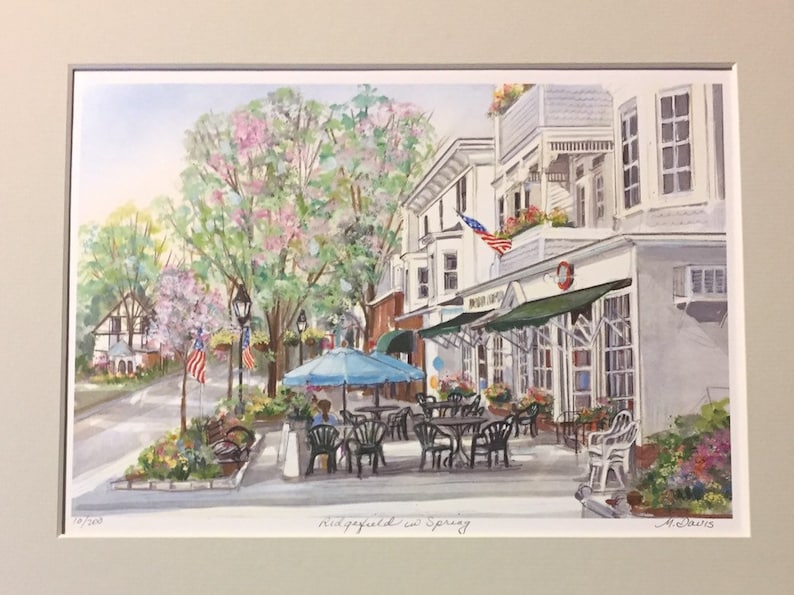 Ridgefield in Spring, Wall art of Connecticut town with charming outdoor cafe on Main Street,framable 11x14print. image 2