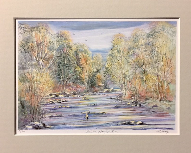Farmington River,one of Connecticut\u2019s scenic fishing places nostalgic autumn scene by Gerald Hardy Fly Fishing 11\u201dx14\u201d matted art work.