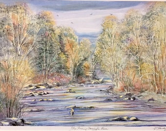 Fly Fishing, Farmington River,one of Connecticut’s scenic fishing places, nostalgic autumn scene by Gerald Hardy, 11”x14” matted art work.