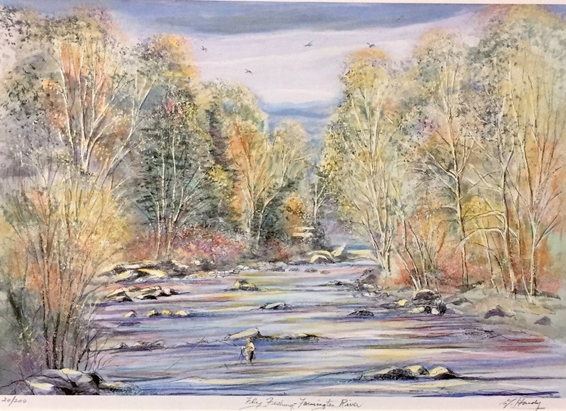 Farmington River,one of Connecticut\u2019s scenic fishing places nostalgic autumn scene by Gerald Hardy Fly Fishing 11\u201dx14\u201d matted art work.
