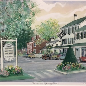 Essex in Spring, Wall art of the Griswold Inn, classic American restaurant in a colonial-style hotel. Destination in historic seaport .