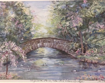 Elizabeth Park, the Old Stone Bridge, part of the beautiful symbolic rose garden in Hartford,matted art, easily framed by Marilyn Davis.