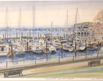 Newport Yacht Club, beautiful coastal destination, wall art matted easily framed art by Marilyn Davis.