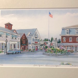 Kennebunkport Maine, wall art, market square, 11x14 matted art work of coastal village in Maine. Beloved destination for visitors. image 2