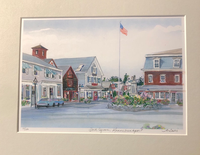 Kennebunkport Maine, wall art, market square, 11x14 matted art work of coastal village in Maine. Beloved destination for visitors. image 2