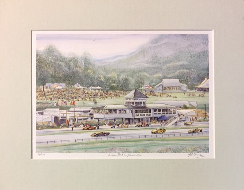 Lime Rock Race Track, Wall Art of Lakeville, Connecticut , beloved destination for racing fans. 11x14 matted Gerald Hardy art . image 2