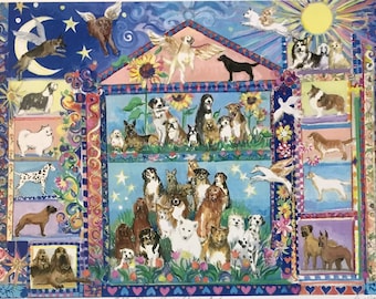 Dogs Are Angels Wall art. Hand-colored painting featuring dogs of many breeds, gift-priced, easy to frame.