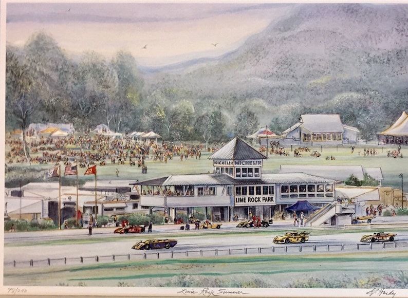 Lime Rock Race Track, Wall Art of Lakeville, Connecticut , beloved destination for racing fans. 11x14 matted Gerald Hardy art . image 1