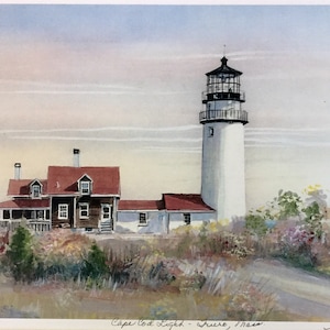 Faro de Cape Cod, arte mural de Truro, Mass., Faro de Highland en Cape Cod, arte costero, arte enmarcable, precio de regalo, impresión enmarañada de 11” x 14”.