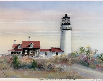 Cape Cod Light, wall art of Truro Mass.,Highland Lighthouse on Cape cod, coastal art, framable art, gift priced, 11”x14” matted print.