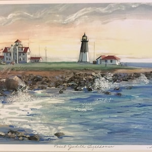 Point Judith Lighthouse in Rhode Island , beautiful coastal scene in 11"x14" matted art work, framable print from original painting.