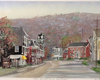 Autumn in New Hartford, beautiful town in Litchfield County, historic scene of a recent fire, beloved 11”x14”matted print.