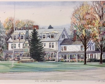 The White Hart Inn, wall art of beautiful historic Inn on the Salisbury Connecticut green. Gift-sized 11”x14” matted hand-colored print.
