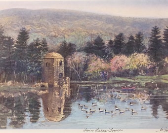 Twin Lakes Tower, beautiful destination in Salisbury Connecticut, 11” x14” matted art by Marilyn Davis Hardy.