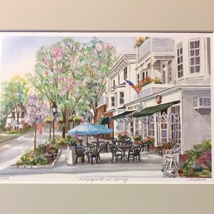 Ridgefield in Spring, Wall art of Connecticut town with charming outdoor cafe on Main Street,framable 11x14print. image 4