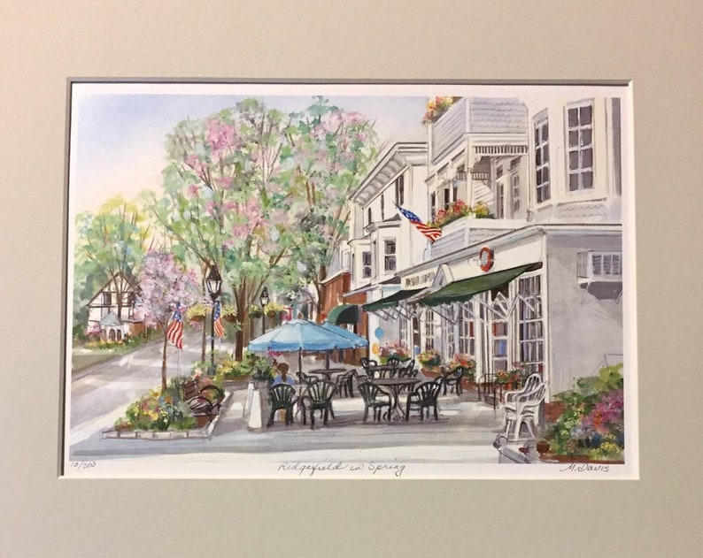 Ridgefield in Spring, Wall art of Connecticut town with charming outdoor cafe on Main Street,framable 11x14print. image 4