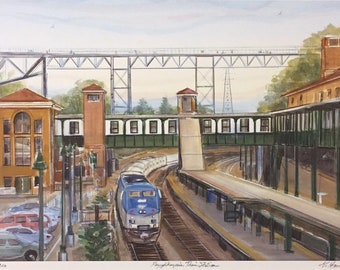 Poughkeepsie Railroad Station, wall art of a great  1918 Beaux Arts American Station, Metro-North line painted by Gerald Hardy