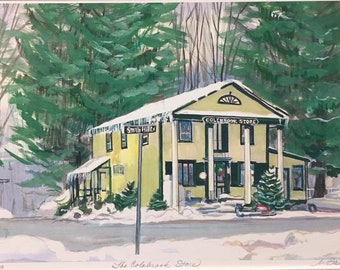 Colebrook Store, matted print of classic general store in downtown Colebrook Connecticut, nostalgic memories of historic town scene.