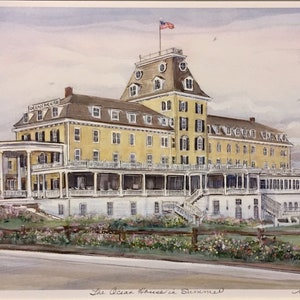 Ocean House in Summer, wall art of Watch Hill classic mansion, Rhode Island destination for weddings and memories, hand-colored print.