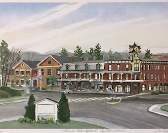 New Hartford Afternoon, classic view of beautiful downtown New Hartford, wall art memory of area recently burned in a tragic fire.