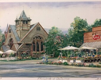 Rhinebeck in Autumn, wall art of historic renovated church now a Hudson River farm to table restaurant,11”x14” framable art by Marilyn Davis