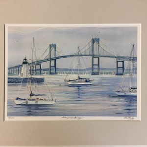 Newport Bridge, Rhode Island. Ocean Art of fabulous Rhode Island scene. Coastal Art with beautiful boats, 11x14 matted print. image 3