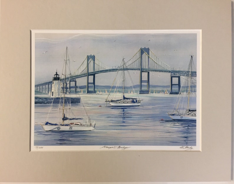 Newport Bridge, Rhode Island. Ocean Art of fabulous Rhode Island scene. Coastal Art with beautiful boats, 11x14 matted print. image 3