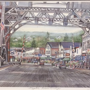 Mystic River Bridge, Wall Art, Coastal New England Scene, historic bridge in downtown Mystic Connecticut,11”x14”matted print.