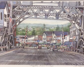 Mystic River Bridge, Wall Art, Coastal New England Scene, historic bridge in downtown Mystic Connecticut,11”x14”matted print.