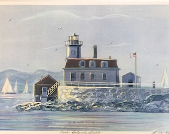 Rose Island Light, Newport Rhode Island, beautiful lighthouse now a bed and breakfast under the Newport bridge. Gift-sized and priced.