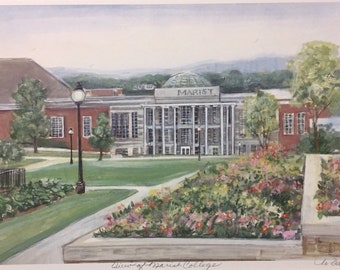 View of Marist College, beautiful art work from original painting of private liberal arts college along the Hudson River in Poughkeepsie NY.