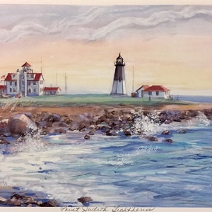 Point Judith Light, wall art of Rhode Island lighthouse, 11"x14"matted print, hand-colored beloved coastal scene.