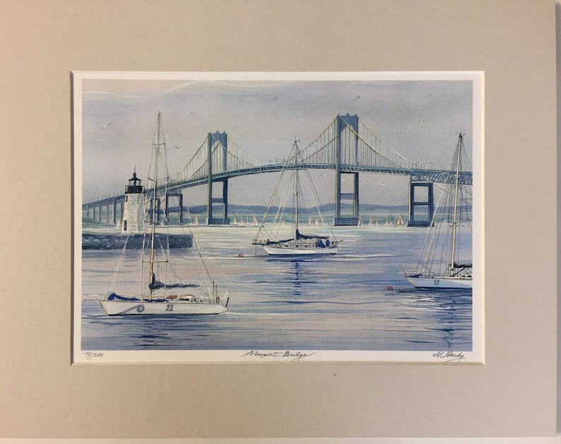 Newport Bridge, Rhode Island. Ocean Art of fabulous Rhode Island scene. Coastal Art with beautiful boats, 11x14 matted print. image 2