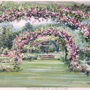 Elizabeth Park in Summer, wall art of West Hartford Rose garden conservancy, 11”x14” matted gift, Marilyn Davis art.