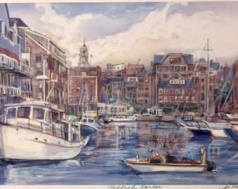 Portland Harbor, beautiful coastal scene, classic remembrance of Maine’s old port, 11”x14” matted art.