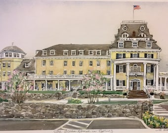 Ocean House in Spring, Watch Hill historic Inn framable wall art, Rhode Island beloved hotel