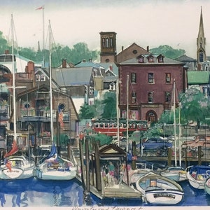 Downtown Newport Rhode Island, wall art matted print of classic New England harbor, fabulous coastal destination by Marilyn Davis.