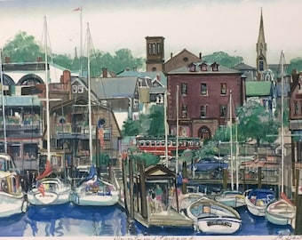 Downtown Newport Rhode Island, wall art matted print of classic New England harbor, fabulous coastal destination by Marilyn Davis.