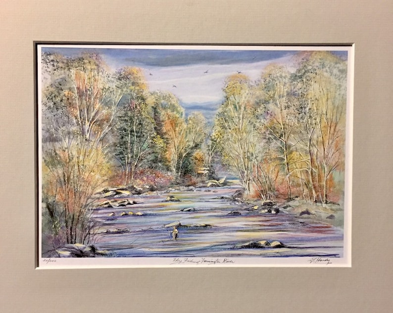 Farmington River,one of Connecticut\u2019s scenic fishing places nostalgic autumn scene by Gerald Hardy Fly Fishing 11\u201dx14\u201d matted art work.