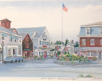Kennebunkport Maine, wall art, market square, 11”x14” matted art work of coastal village in Maine. Beloved destination for visitors.