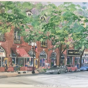 West Hartford Wall Art, Connecticut scenic town with beloved Cosi restaurant,  11"x14" matted framable gift sized print. Hand-colored print