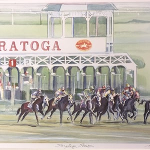 Saratoga Start, wall art of Saratoga Springs horse racing track in its full elegance as the oldest sporting event in America, matted print. image 1