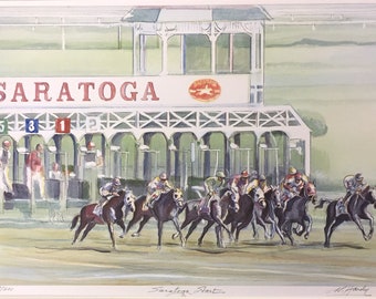 Saratoga Start, wall art of Saratoga Springs horse racing  track in its full elegance as the oldest sporting event in America, matted print.