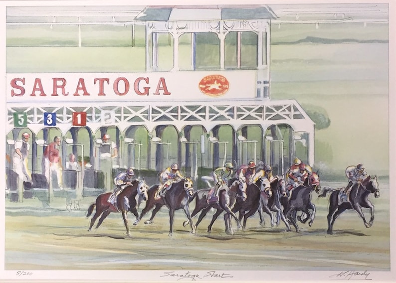 Saratoga Start, wall art of Saratoga Springs horse racing track in its full elegance as the oldest sporting event in America, matted print. image 1