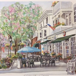 Ridgefield in Spring, Wall art of Connecticut town with charming outdoor cafe on Main Street,framable 11x14print. image 3