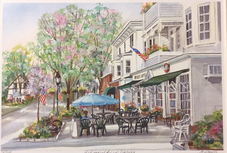Ridgefield in Spring, Wall art of Connecticut town with charming outdoor cafe on Main Street,framable 11x14print. image 3